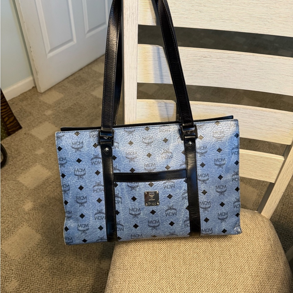MCM Sky Blue and Black Logo Tote